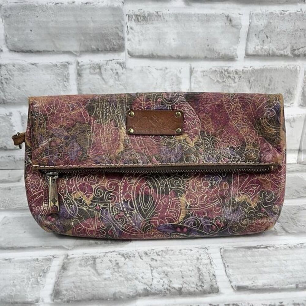 Patricia Nash Foldover Floral Embossed Leather Wristlet Clutch Handbag